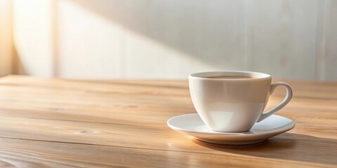 Fototapeta premium A single cup of coffee sits on a wooden table bathed in sunlight