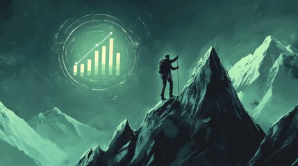 Fototapeta premium Mountain climber reaching peak symbolizes growth and success; achieve business goals with strategic planning, perseverance, and determination.