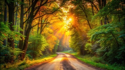 Obraz premium Golden sun rays illuminate a winding country road through a vibrant autumn forest
