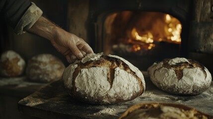Baker Carefully Dusts Freshly Baked Artisan Bread