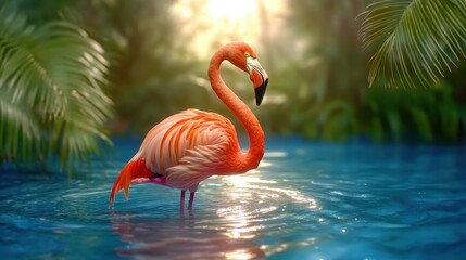 Vibrant Pink Flamingo Standing Gracefully in Serene Tropical Waters Surrounded by Lush Greenery and Soft Sunlight