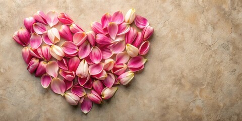 Fototapeta premium Pink flower petals arranged in a heart shape on a textured surface