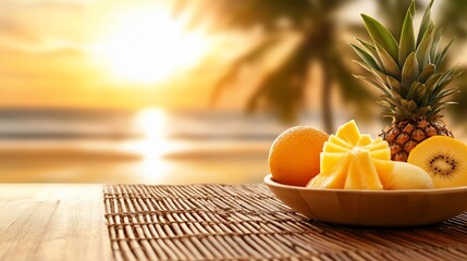 Obraz premium Tropical fruits in bowl on beach at sunset.
