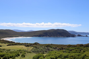 Beach and mountain view at Cape Bruny Lighthouse