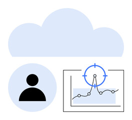 Blue cloud above user icon next to analytics dashboard highlight. Ideal for data analysis, cloud computing, user insights, business strategy, technology, digital growth, abstract line flat metaphor