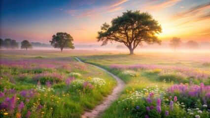 Serene Sunrise Meadow Path A Gentle Trail Winds Through Vibrant Wildflowers and Misty Fields, Bathed in the Warm Golden Light of Dawn