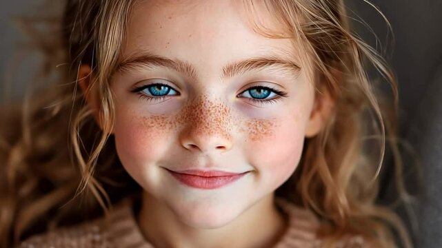 A bright-eyed freckled girl smiles sweetly, revealing a hint of mischievous curiosity.