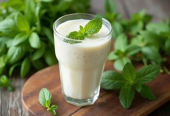 Ayran drink with mint and cucumber in glass on wooden table