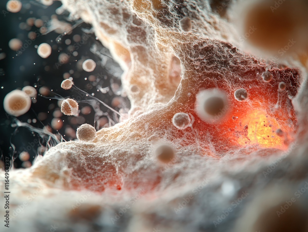 Poster abstract microscopic view of cellular activity with bubbles and vibrant colors representing biologic