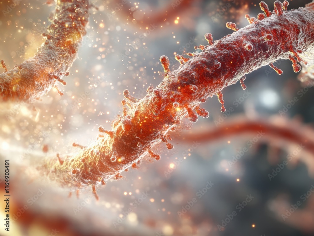 Poster microscopic view of cellular structures with intricate details and vibrant color palette representin