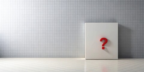 Red question mark on white panel against gridded wall