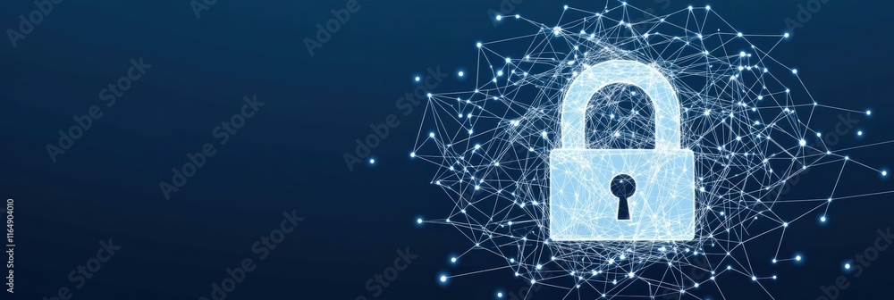Poster abstract representation of cyber security with lock icon and network connections depicting digital p