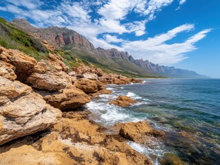 Scenic Coastal Landscape with Rocky Shoreline and Majestic Mountains Under Clear Blue Sky