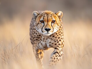 Majestic Cheetah Approaches in Golden Grasslands Under Soft Afternoon Light for Nature and Wildlife Photography