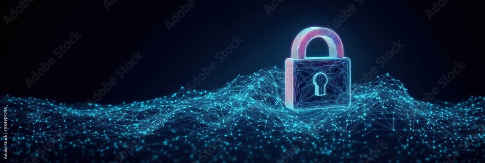 Poster cybersecurity concept with digital lock on abstract background representing data protection and netw