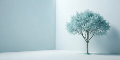 Serene Minimalist Scene A Single Pale Tree in a Light Blue Room