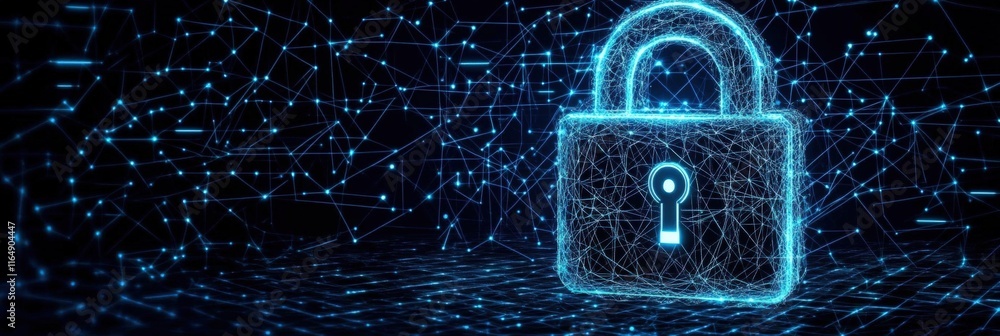 Poster cyber security concept with digital lock and futuristic background representing data protection and 