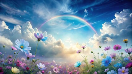Fototapeta premium Serene Dreamscape Pastel Cosmos Flower Field with a Vibrant Rainbow Arching Across a Cloudy Sky