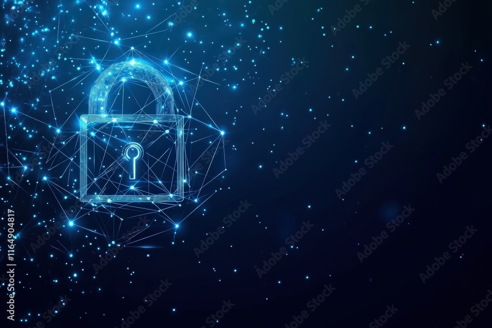 Poster digital security concept with lock symbol depicting cyber protection in a futuristic network environ