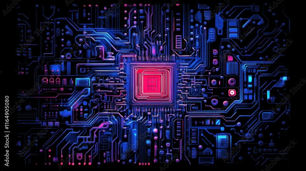 Poster abstract glowing circuit board with central processor.