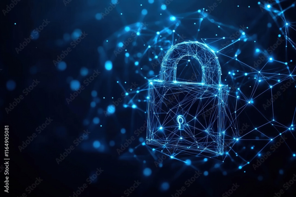 Poster abstract cyber security concept with digital padlock on a network of connections representing data p