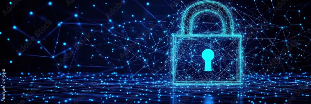 Poster digital lock symbol representing cyber security concept in a networked environment with abstract con