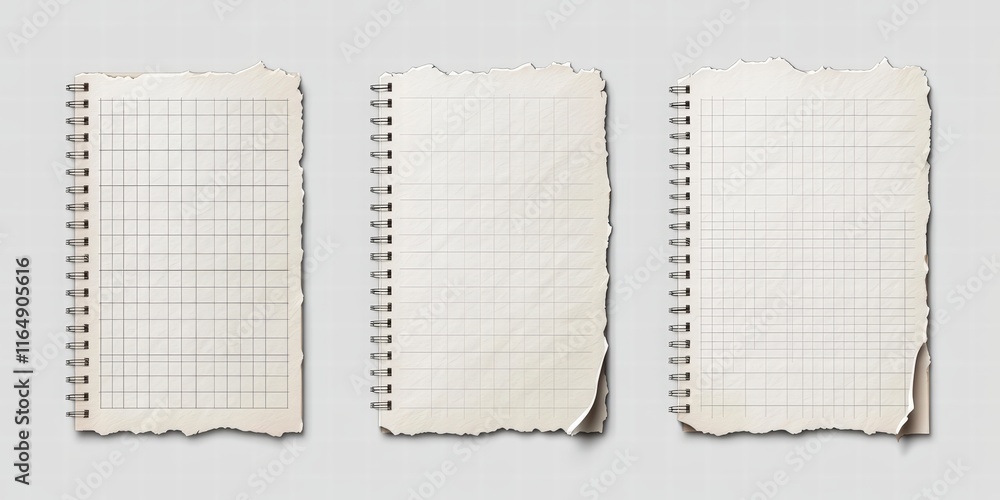 Poster realistic vector illustrations of three blank spiral notebooks with grid paper pages on a subtle bac