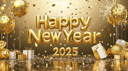 A beautiful golden background with the words "Happy New Year 2025" in large gold letters
