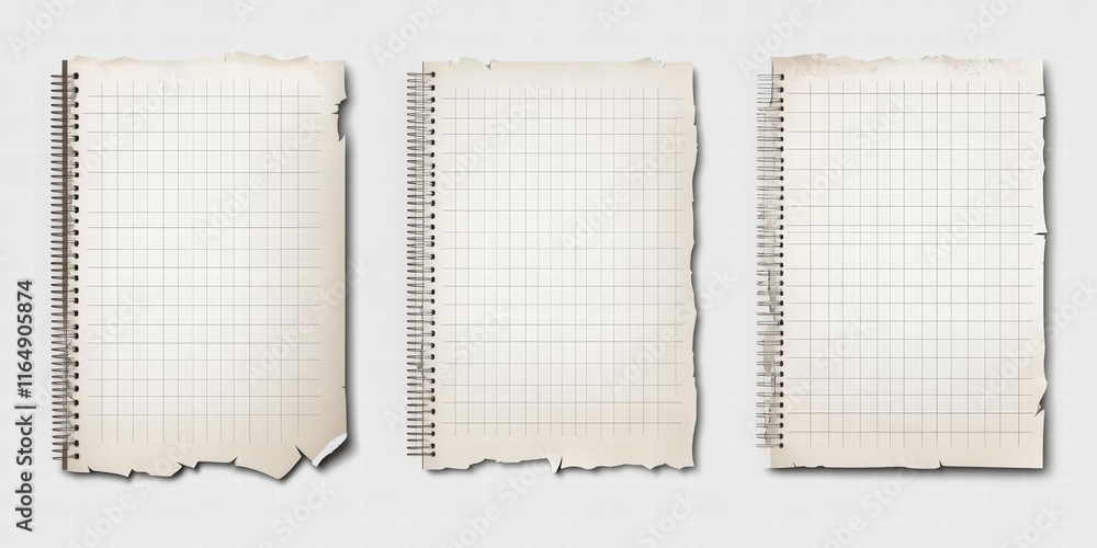Poster realistic vector set of torn spiral notebooks with grid paper on transparent background for creative