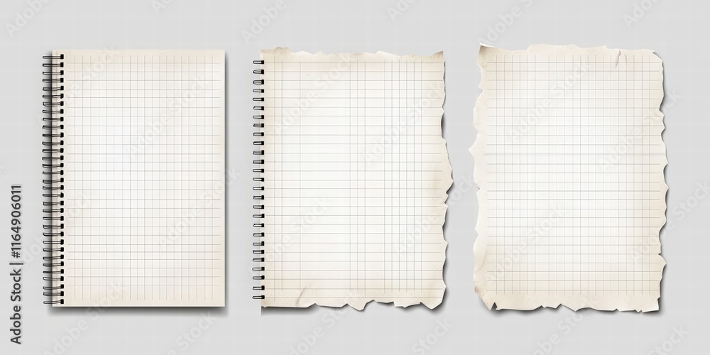 Poster set of three realistic vector illustrations of blank notebooks with spirals, graph paper grids, and 