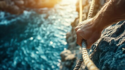 A hand grips a rope near ocean water rocks
