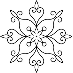 A symmetrical line art drawing of floral and scrollwork designs