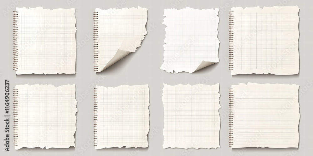 Poster realistic set of various blank note papers with torn edges and spirals for creative projects and des