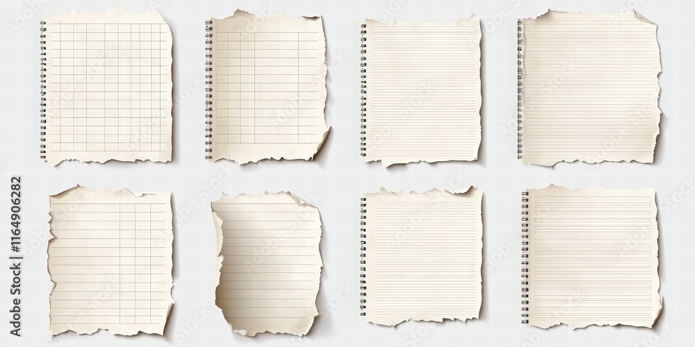 Poster a set of realistic vector illustrations featuring nine distinct styles of torn paper sheets on a sof