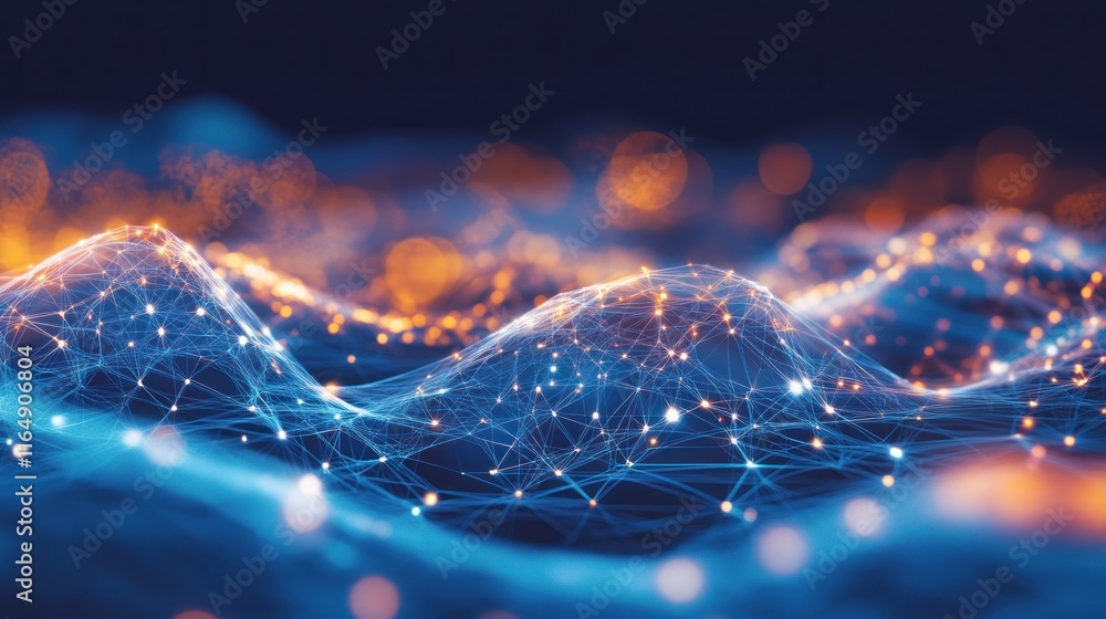 Poster abstract digital landscape with glowing nodes and connecting lines.