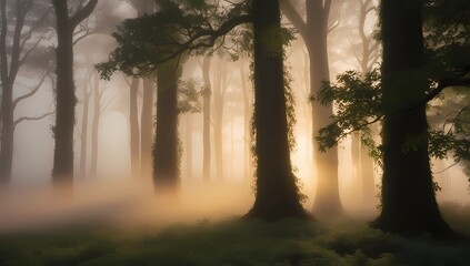 Obraz premium Golden Sunrise Illuminating a Misty Forest, Capturing the Magical and Serene Beauty of Nature Through the Fog