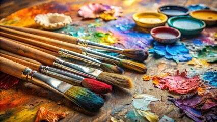 Fototapeta premium A colorful array of paintbrushes rests on a well-used artist's palette, showcasing vibrant hues and textures.