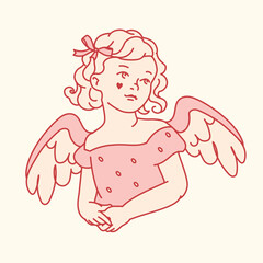 Coquette angel girl with romantic wings and heart detail, drawn in pastel tones, symbolizing innocence. Hand drawn doodle illustration. Cream and pink tone print, logo. Symbol of love and serenity