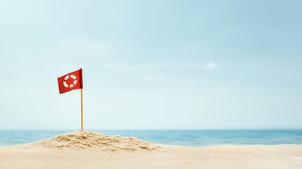 Red flag on a sandy beach with an ocean backdrop, symbolizing safety or warning.
