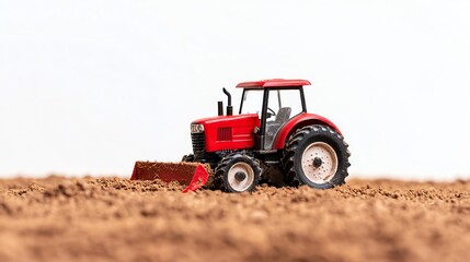 Obraz premium Red tractor on a textured soil background, showcasing agricultural machinery in a miniature model.