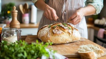 Woman Baking Artisan Bread With Fresh Herbs