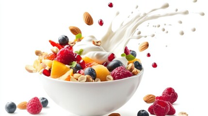 Indulge in a vibrant fruit and nut yogurt bowl, bursting with fresh berries, almonds, and creamy delight. Healthy breakfast option.