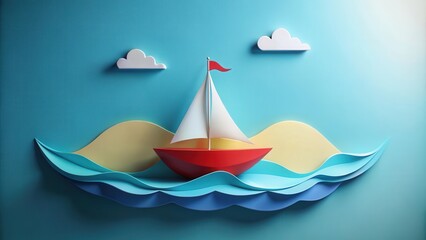 Fototapeta premium Red sailboat on stylized paper waves and clouds, summer vacation scene