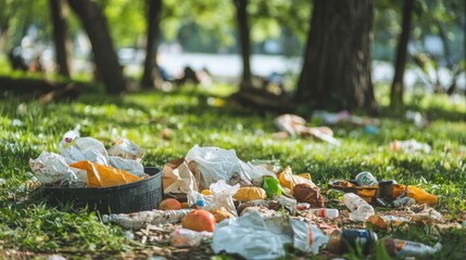 Obraz premium A messy picnic spot with trash, leftover food, and crumpled napkins 