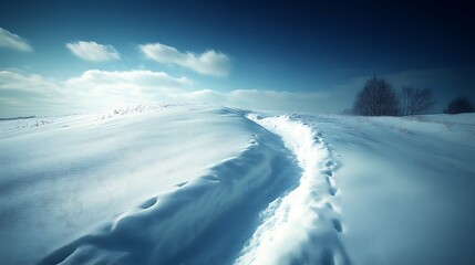 Obraz premium Winter Path Across Snowy Hill Under Blue Sky