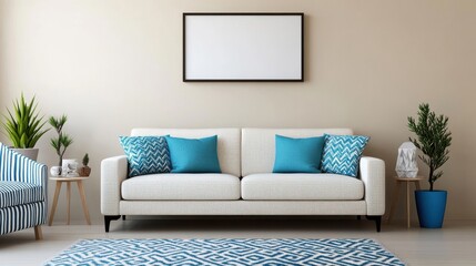 [Modern two-seater sofa interior decor] Modern minimalist living room with coffee table remote control, blue carpet, plant floor lamp, artwork mirrors white rug sofa arrangement.