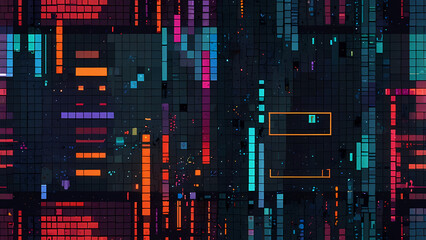 A playful and colorful pixel art background featuring a geometric abstract design with overlapping squares, bold gradients, and a retro arcade game vibe
