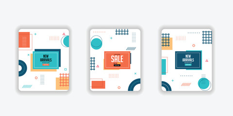 Abstract new arrival composition and sale with flat design collection. Trendy flat geometric banner set. Vivid banners in retro poster design style. Vintage shapes.