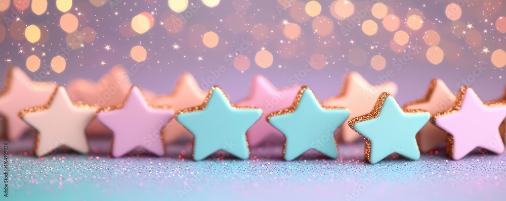 Poster starry abstract background concept. colorful star-shaped cookies lined up with a shimmering backgrou