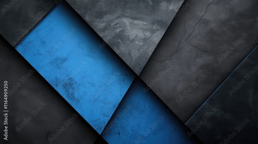 Poster abstract geometric design featuring dark and blue textures with layered shapes.